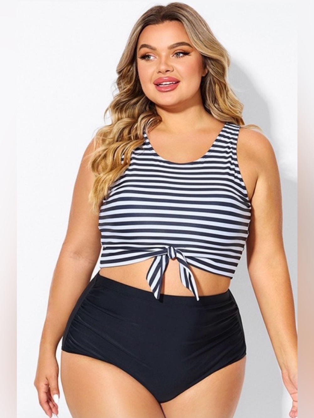 Meet. Curve. Black & White Striped Tankini Top with Front Tie